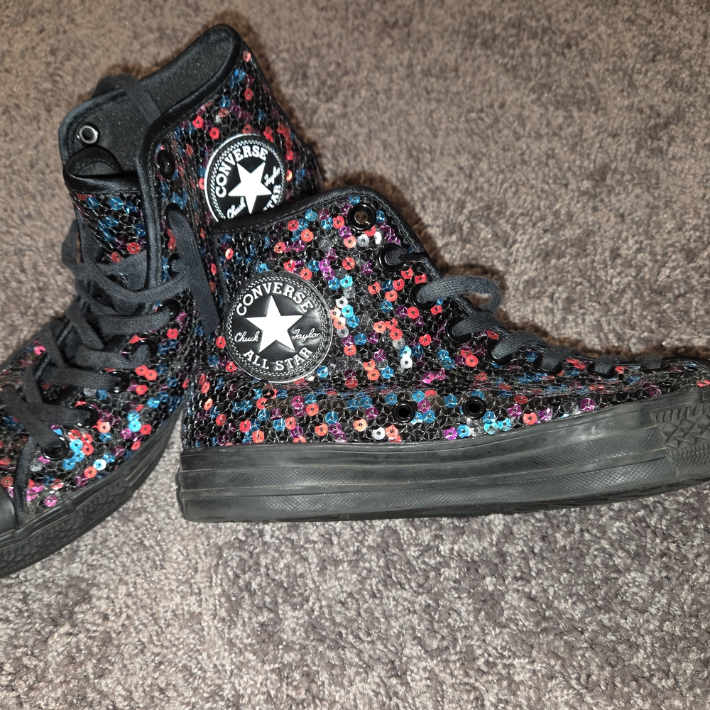 Converse WOMENS Sparkling Sequin HIGH TOP Sneakers - Black and Multicolor. HOCO!